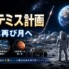 アルテミス計画を解説する記事のアイキャッチ画像。月面探査や月面基地、宇宙飛行士と地球をイメージした宇宙科学デザイン