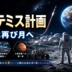 アルテミス計画を解説する記事のアイキャッチ画像。月面探査や月面基地、宇宙飛行士と地球をイメージした宇宙科学デザイン