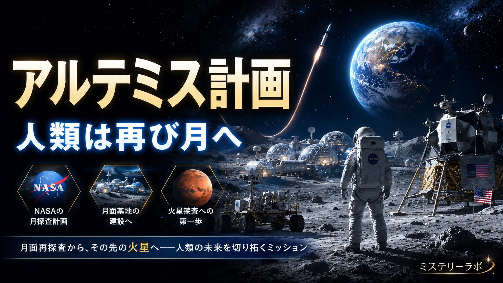 アルテミス計画を解説する記事のアイキャッチ画像。月面探査や月面基地、宇宙飛行士と地球をイメージした宇宙科学デザイン