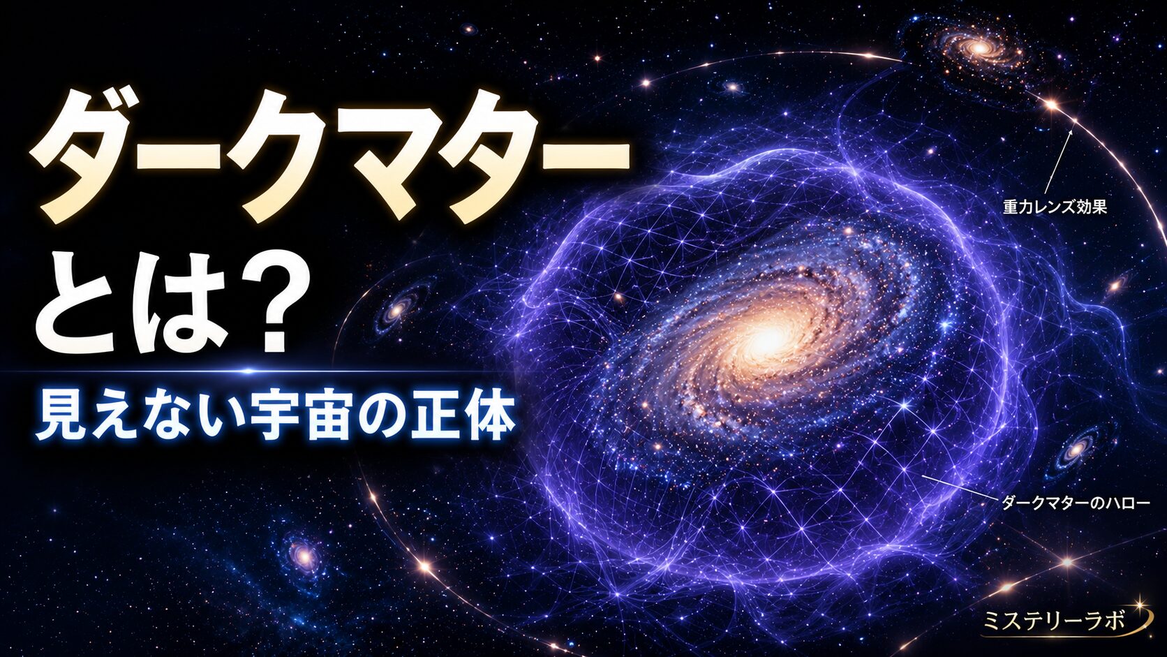 ダークマターが銀河を包み込み、見えない重力の影として宇宙を支える様子を描いたミステリーラボの記事アイキャッチ画像