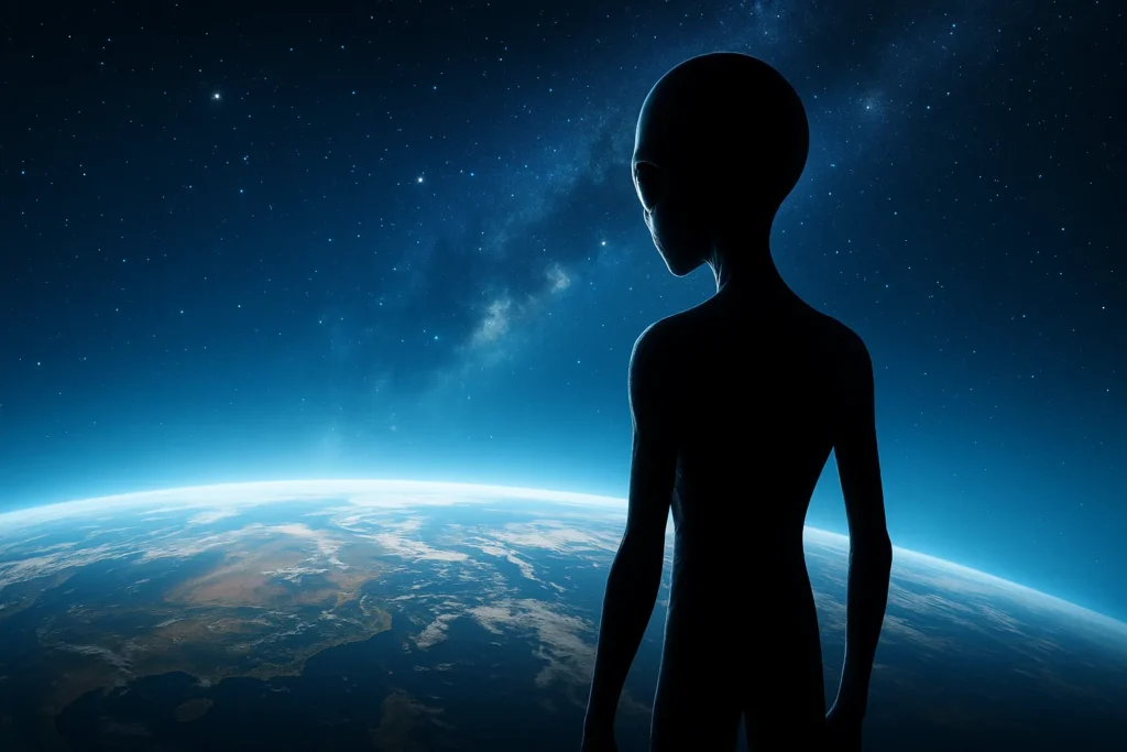 地球を見下ろす宇宙人のシルエット