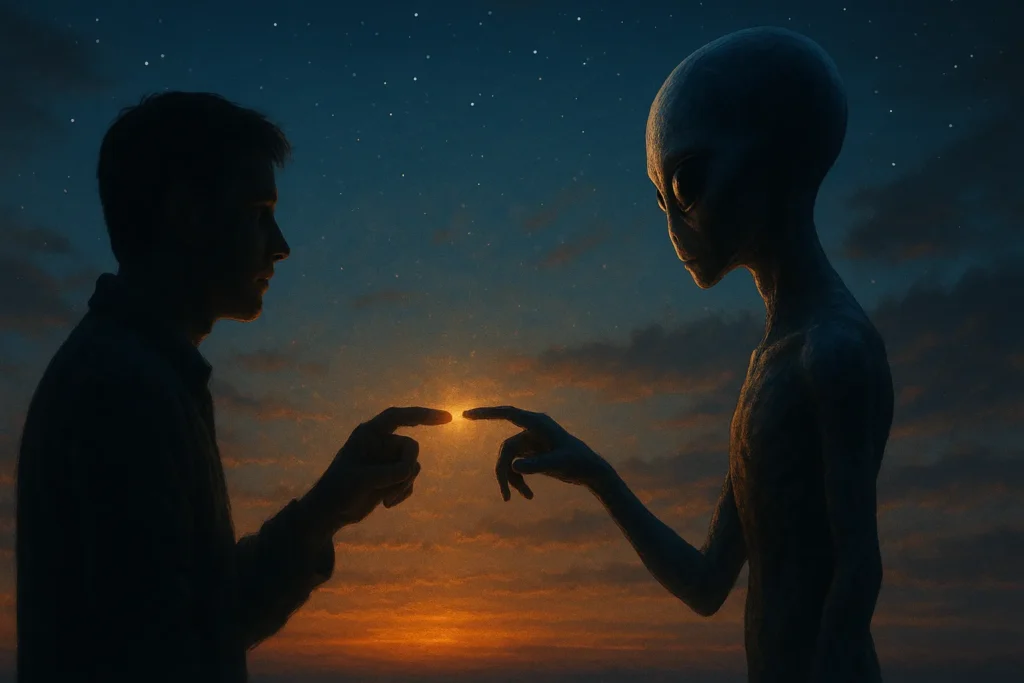 人類と宇宙人の出会いを描いたイメージ