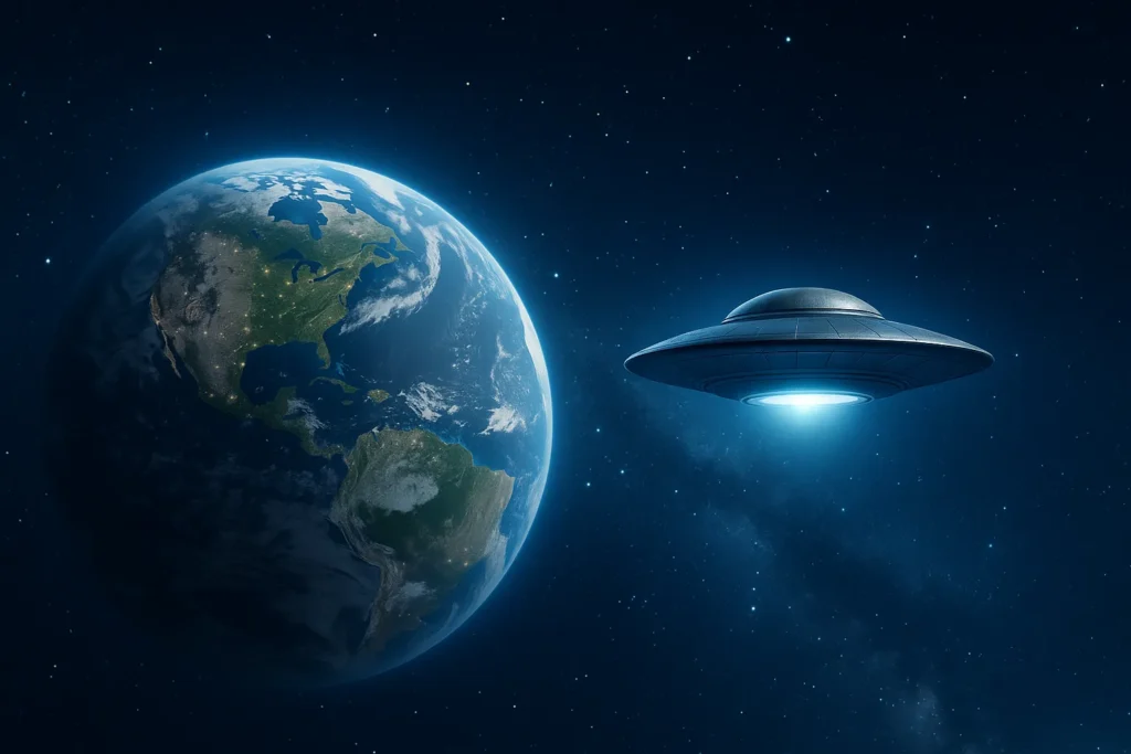 夜空に浮かぶ地球とUFOのイメージ