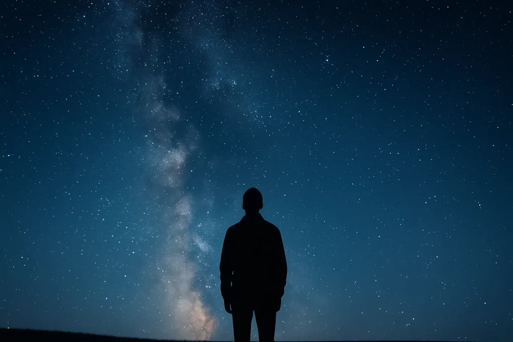 星空を見上げる人のシルエット