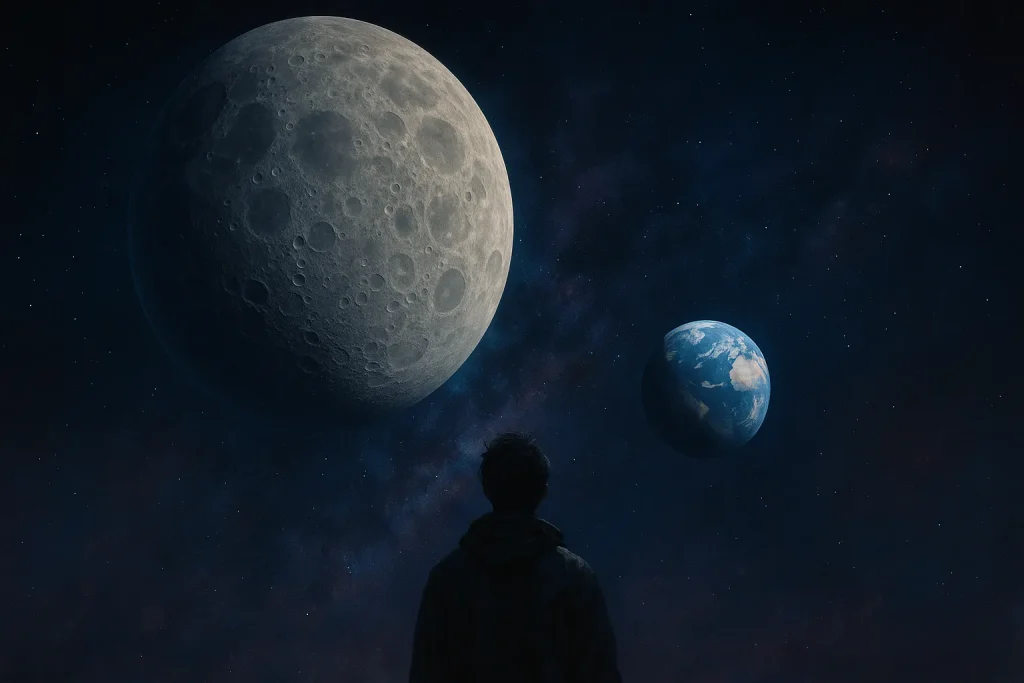 月と地球を見上げる