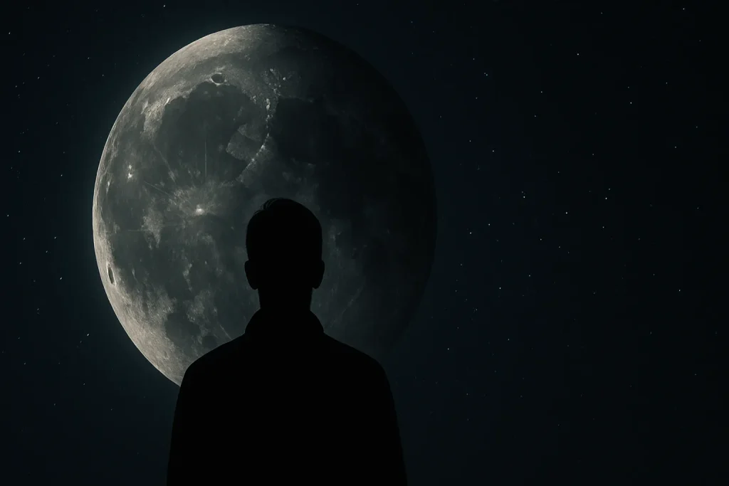 月の裏側を見上げる人のシルエット