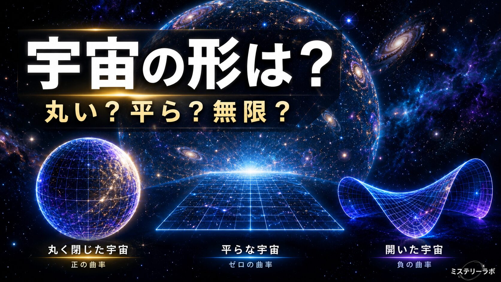 宇宙の形を表す球状・平面・サドル型の3つのモデルを描いたミステリーラボの記事アイキャッチ画像