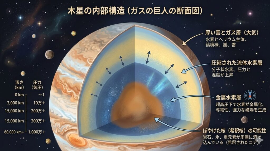 木星の外側から内側への変化を示す