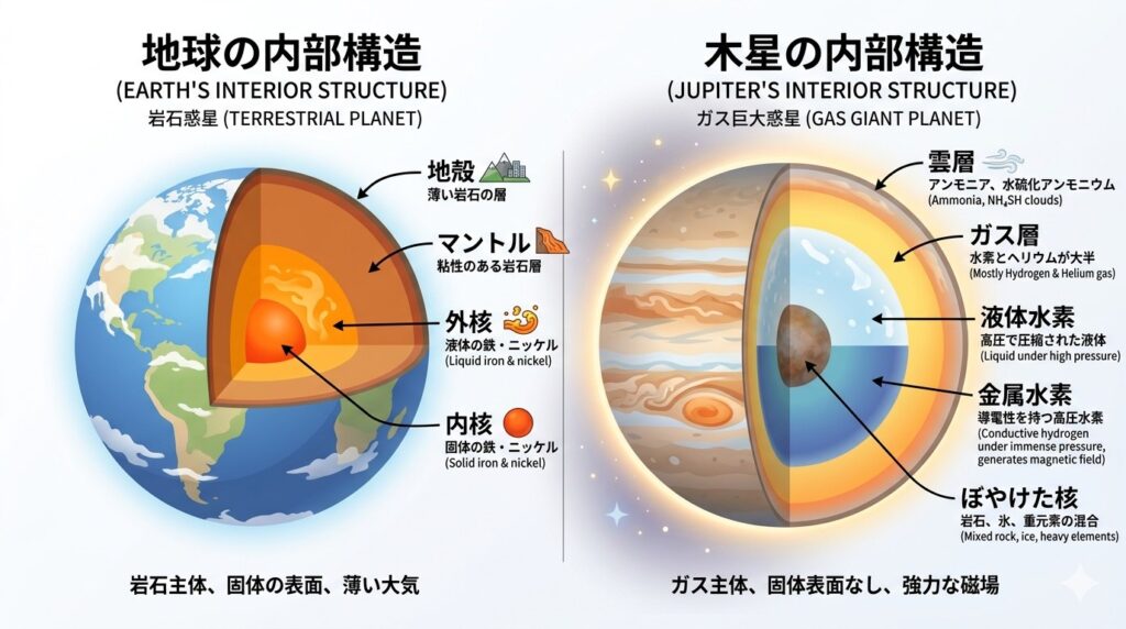 地球と木星の構造比較の画像