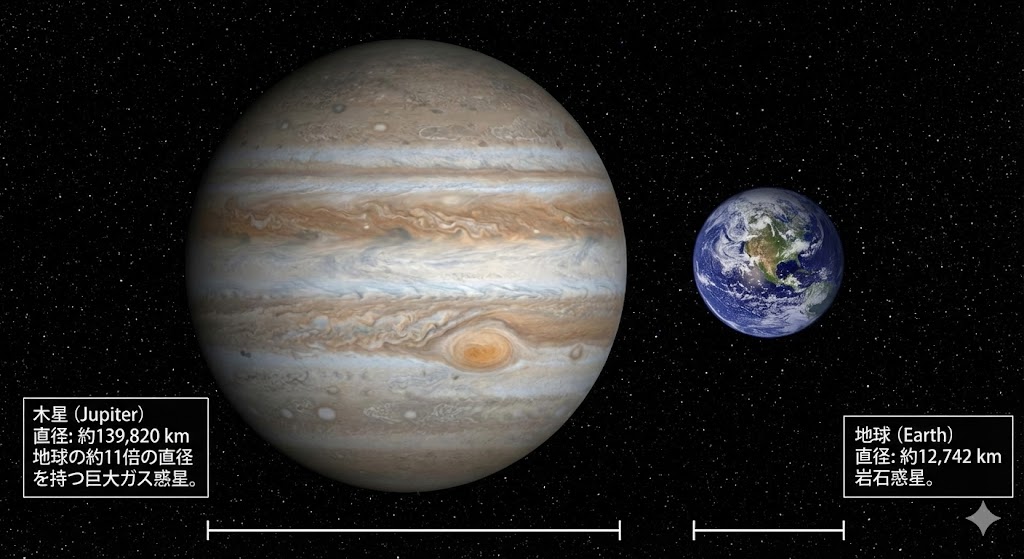 木星と地球のサイズ比較イメージ