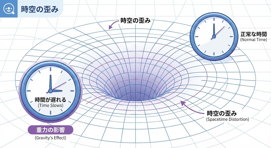 時空の歪みと時間の遅れを示す図