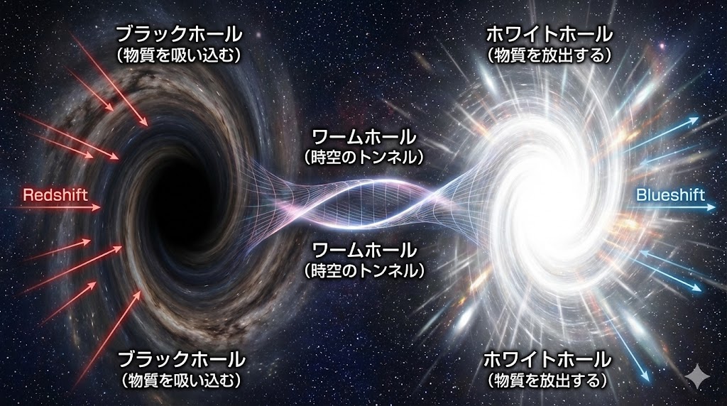 ホワイトホールとブラックホールの対比図