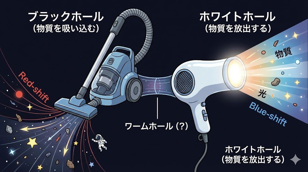 掃除機とドライヤーでホワイトホールを例える図