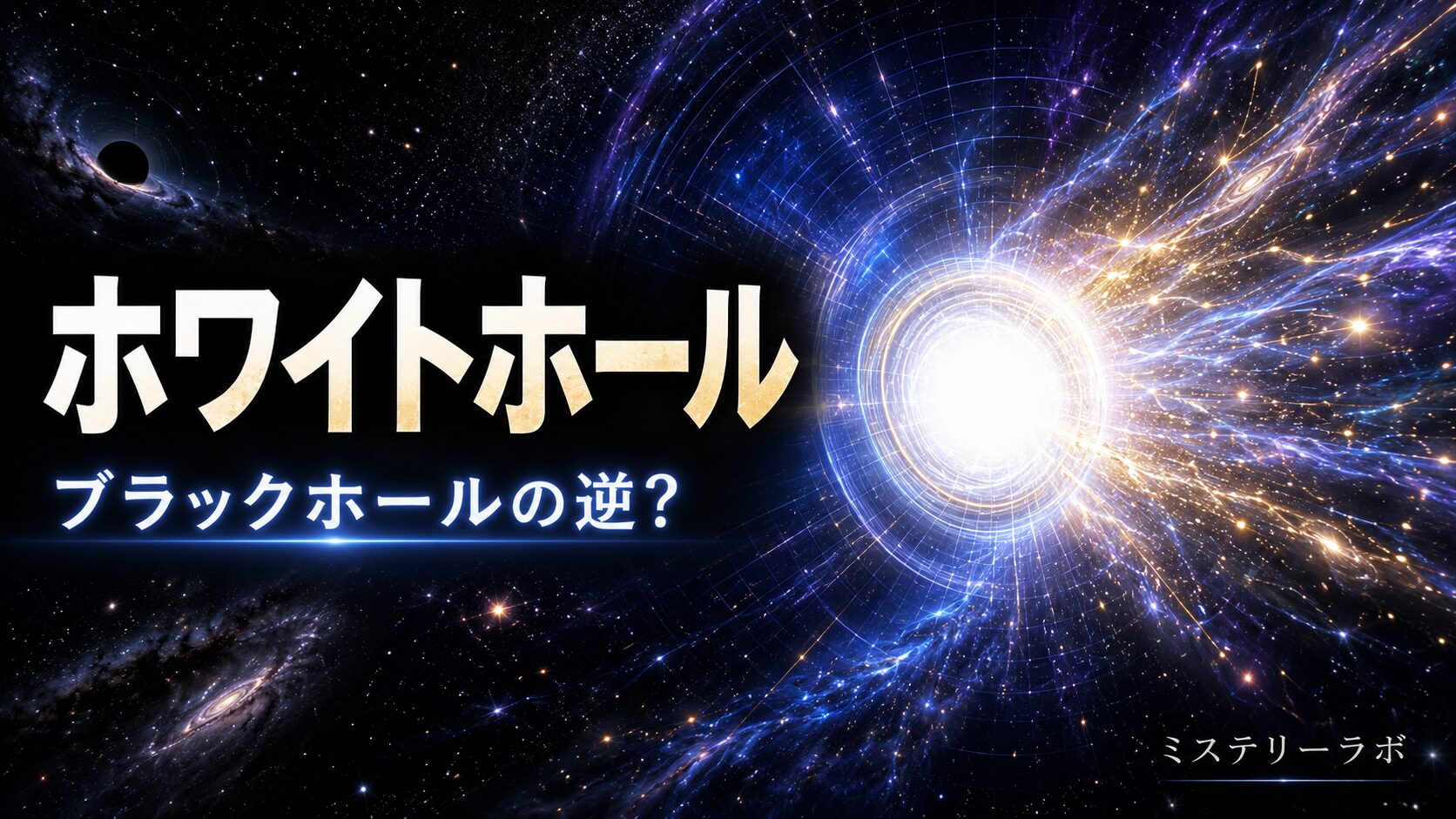 ホワイトホールとは何かを解説する記事のアイキャッチ画像。光を放出する謎の天体と時空の歪みをイメージした宇宙科学デザイン