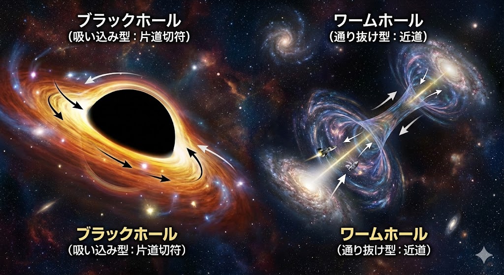 ブラックホールとワームホールの違い図解