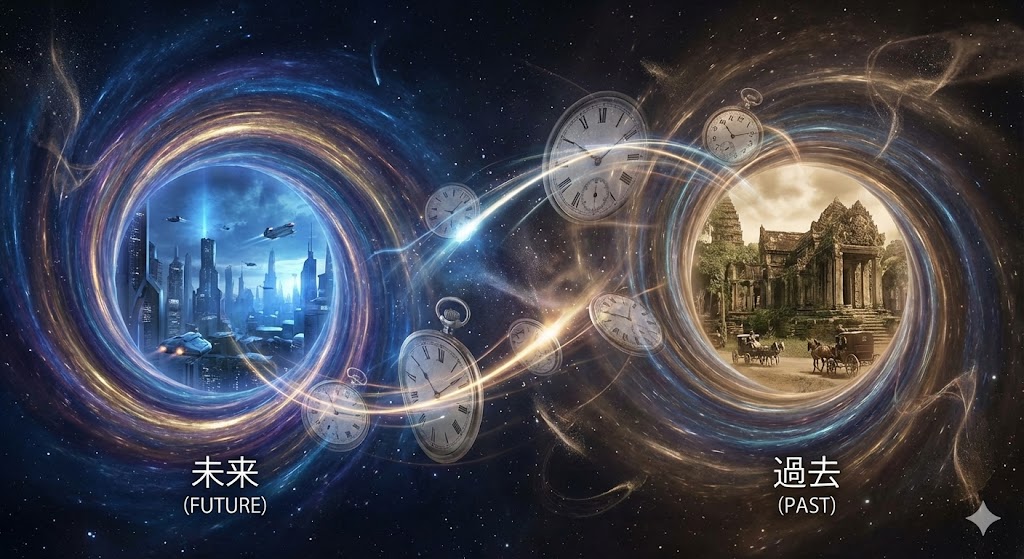 ワームホールによる時間移動のイメージ図