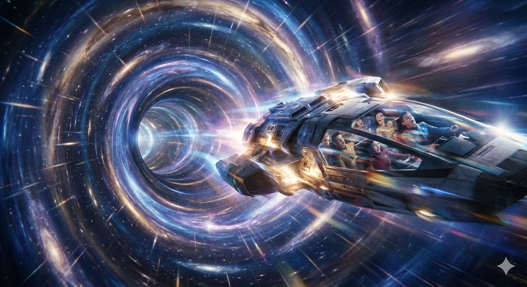 宇宙船がワームホールを通過する映画風イメージ