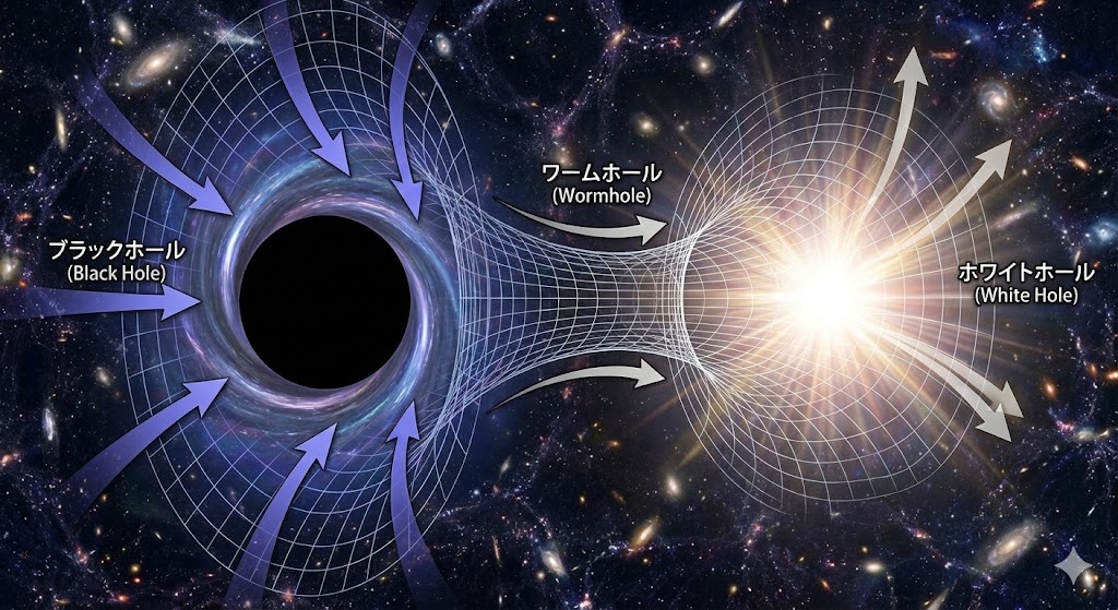 ブラックホールとワームホールを対比した図解