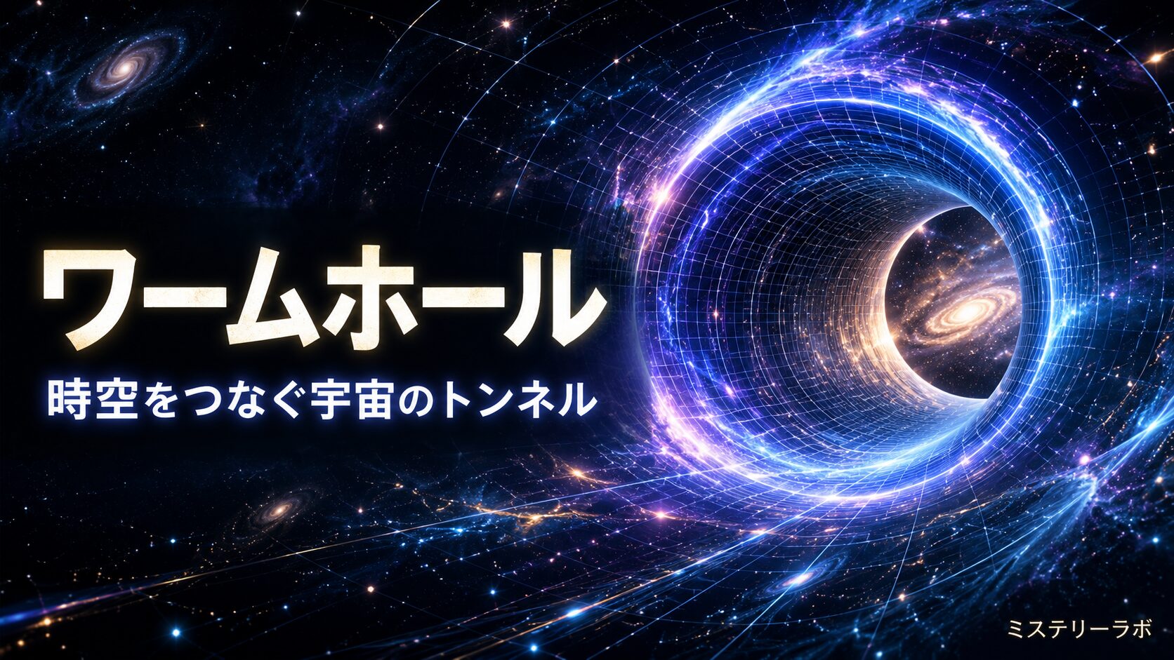 ワームホールとは何かを解説する記事のアイキャッチ画像。時空をつなぐ宇宙のトンネルと遠方銀河をイメージした宇宙科学デザイン