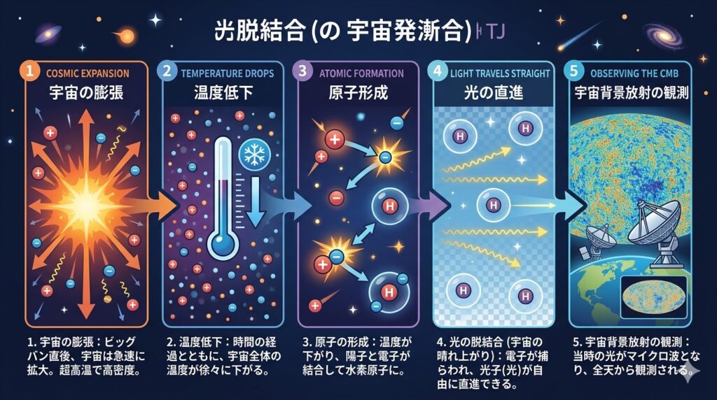 宇宙の晴れ上がりをステップで説明するインフォグラフィック