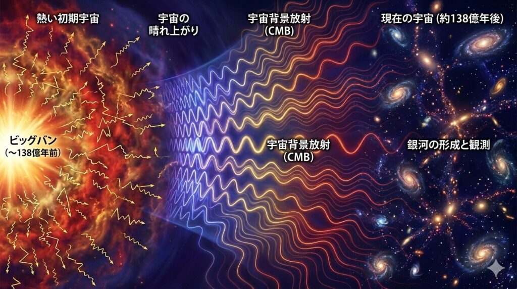 宇宙背景放射がビッグバンの証拠になる理由を表したイメージ画像