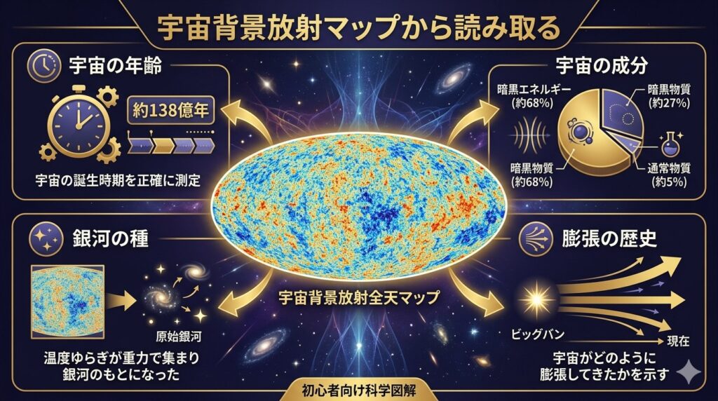 宇宙背景放射から宇宙の年齢や成分がわかるイメージ図