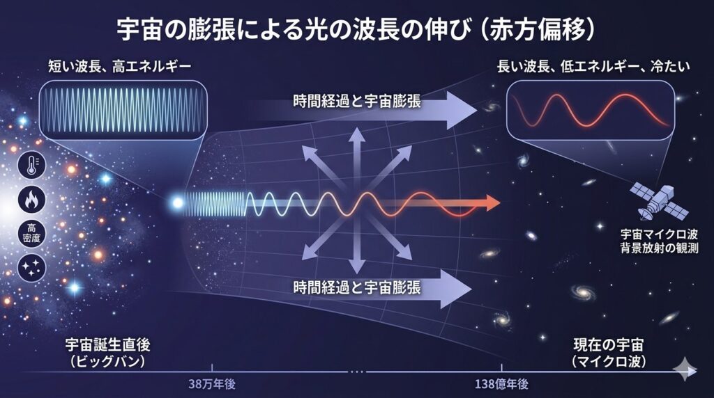 宇宙膨張で光の波長が伸びる図解画像