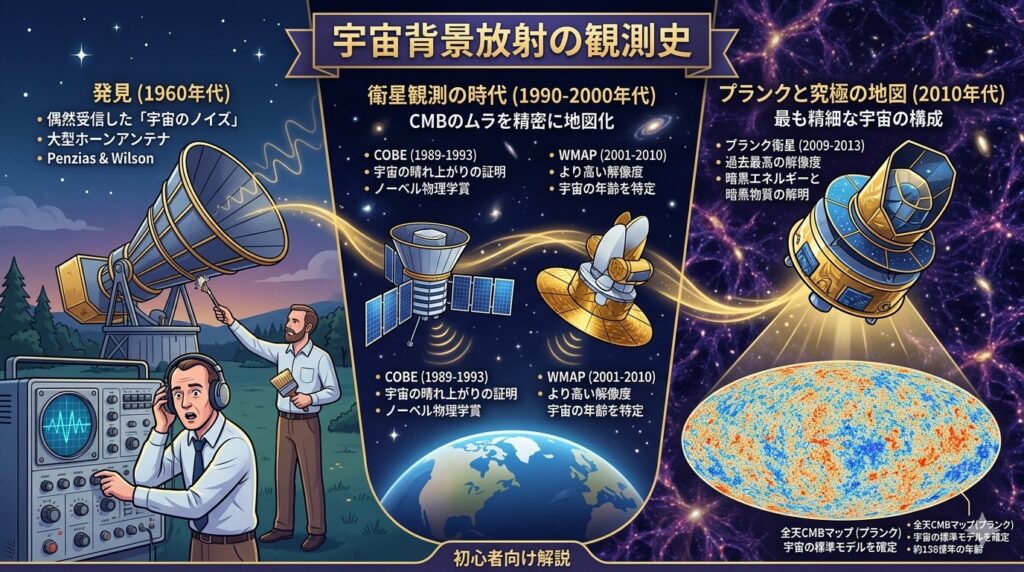 宇宙背景放射の観測史を表すイメージ画像