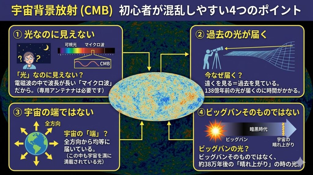 宇宙背景放射で初心者が混乱しやすいポイントを整理する図解画像