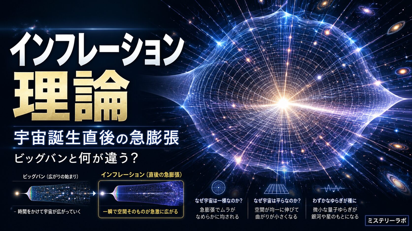 インフレーション理論とは何かを解説する記事のアイキャッチ画像。宇宙誕生直後の急膨張と空間の拡大を表現した宇宙科学デザイン