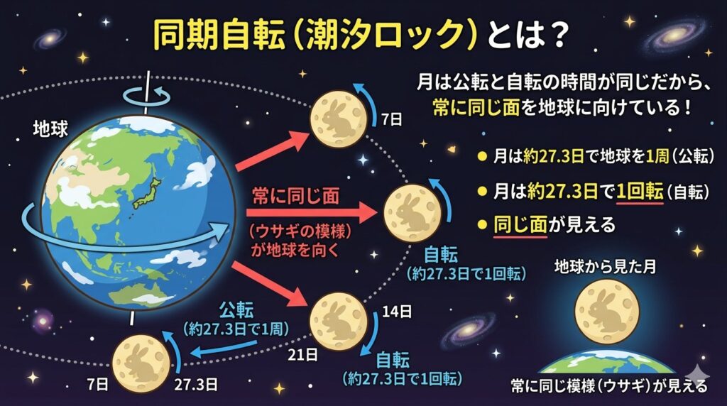 同期自転のしくみを示すインフォグラフィック