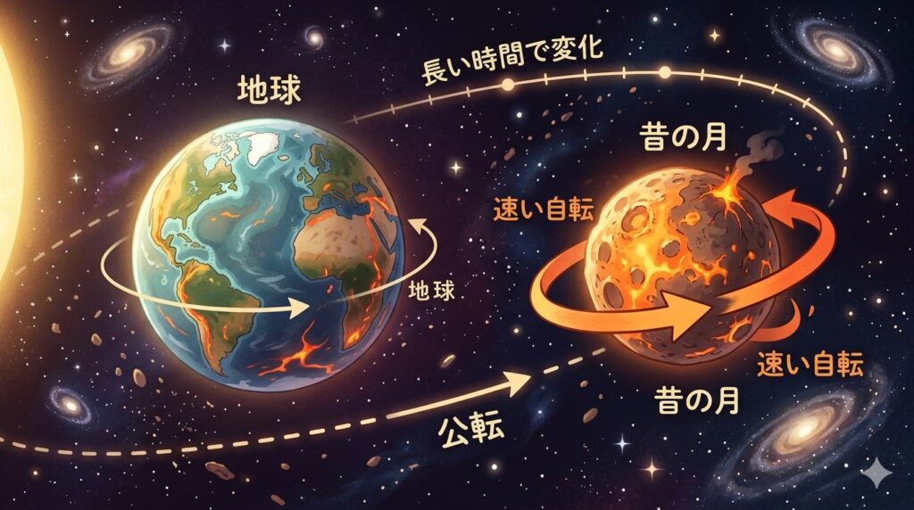 昔の月が速く自転していたイメージ図