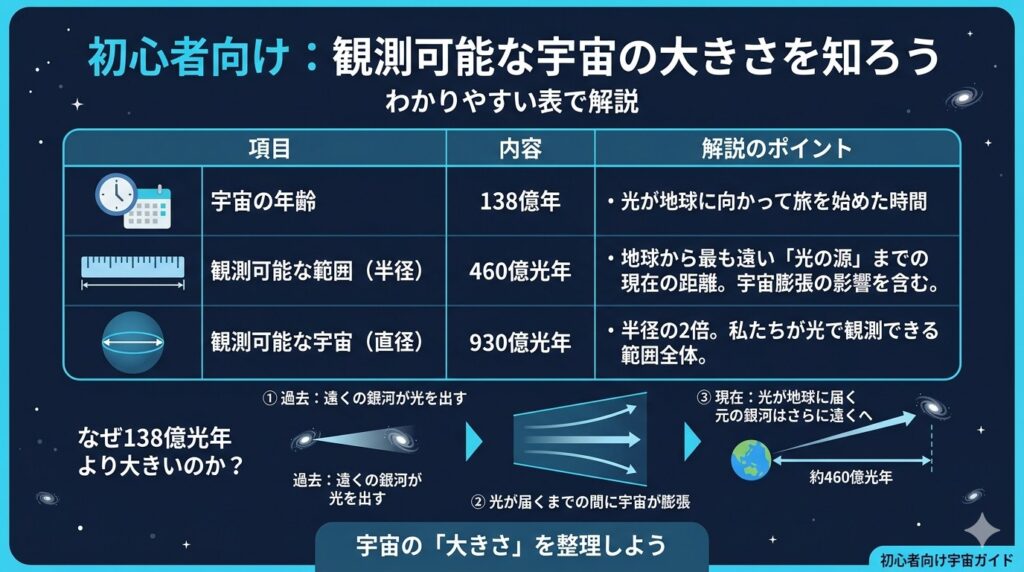 観測可能な宇宙の大きさを整理した図解