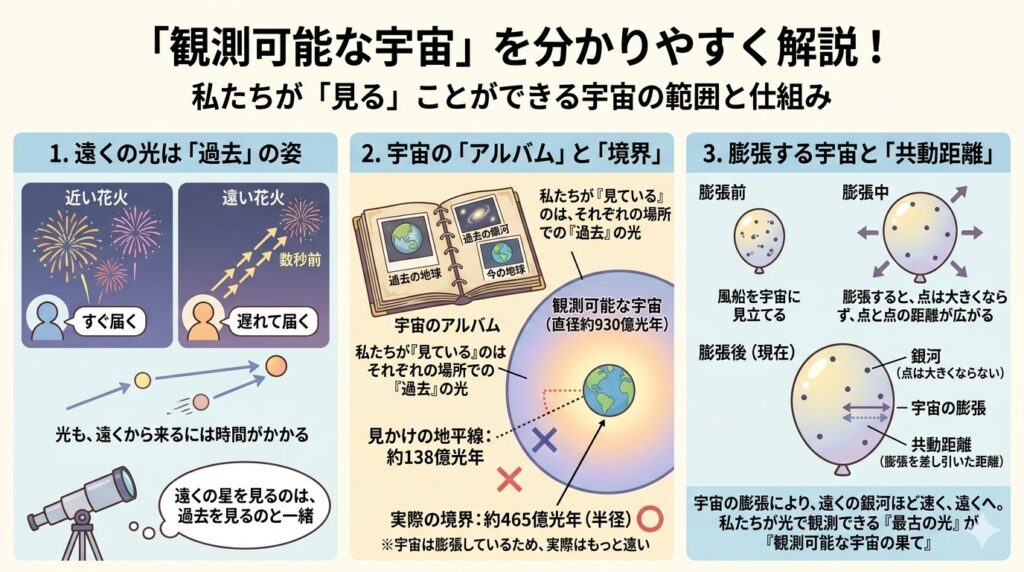 観測可能な宇宙をたとえで理解する図解