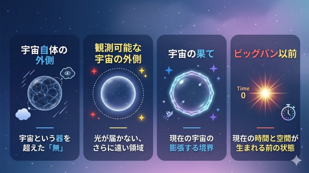 宇宙の外側と観測できる宇宙の違いを示す図解イメージ