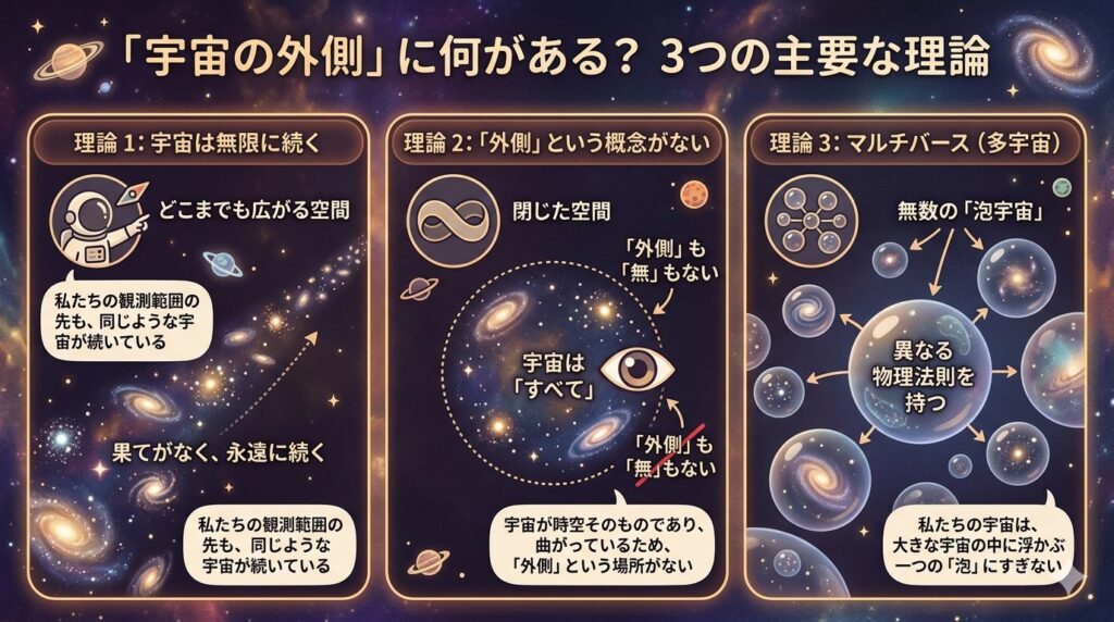 宇宙の外側に関する3つの説を表すイメージ図