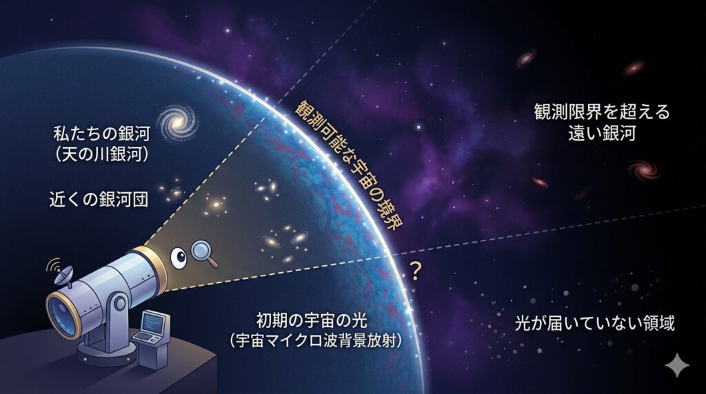 風船や地平線で宇宙の外側をたとえる図解イメージ