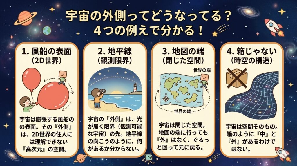 宇宙の外側に関するよくある疑問を表す図解イメージ