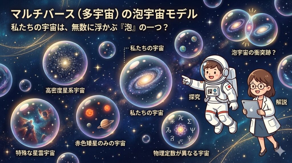 宇宙の謎を見上げる人物と銀河のイメージ
