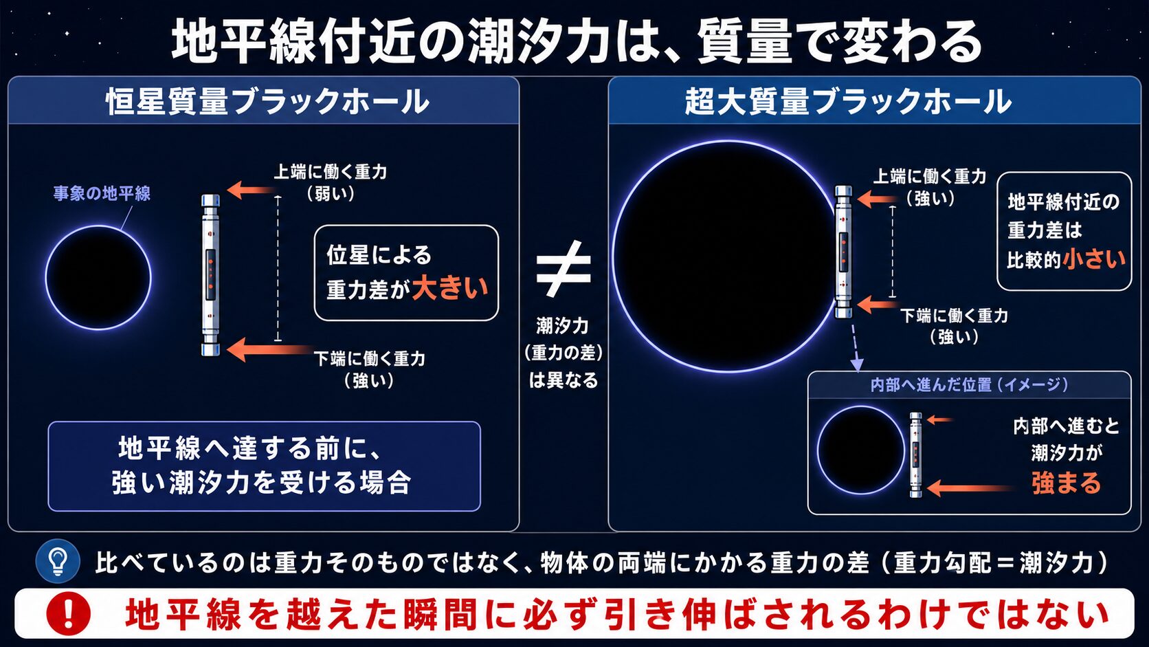 恒星質量ブラックホールと超大質量ブラックホールの地平線付近における潮汐力の違いを示す図解