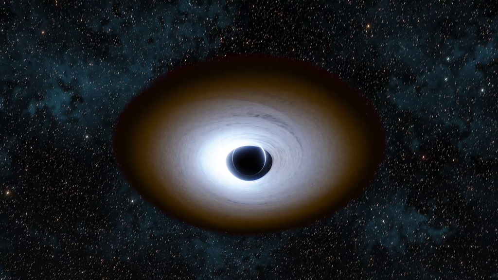 降着円盤を持つブラックホールの周囲で光がゆがむ様子を示したNASAの可視化画像