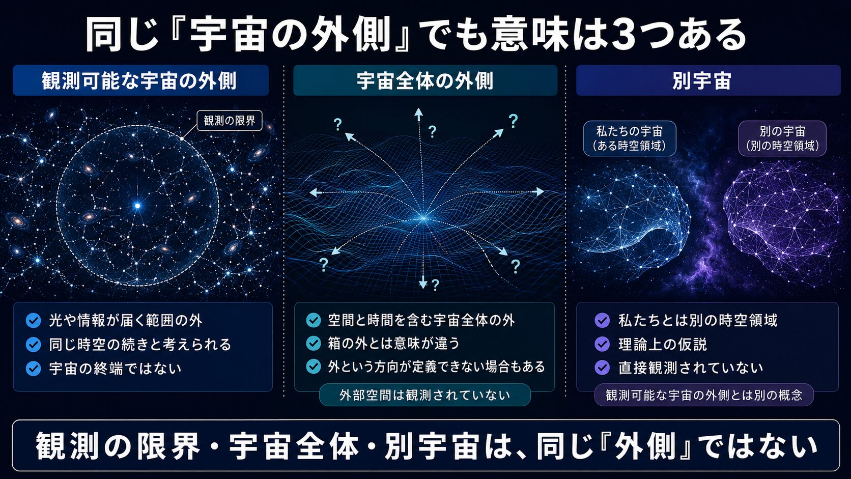 観測可能な宇宙の外側、宇宙全体の外側、別宇宙という3種類の意味を比較した図解