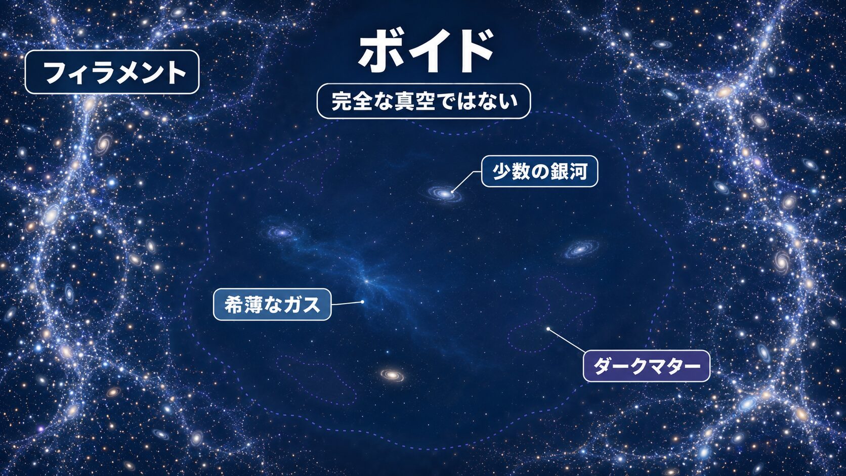 宇宙のボイド内部にも少数の銀河や希薄なガス、ダークマターが存在することを示す図解
