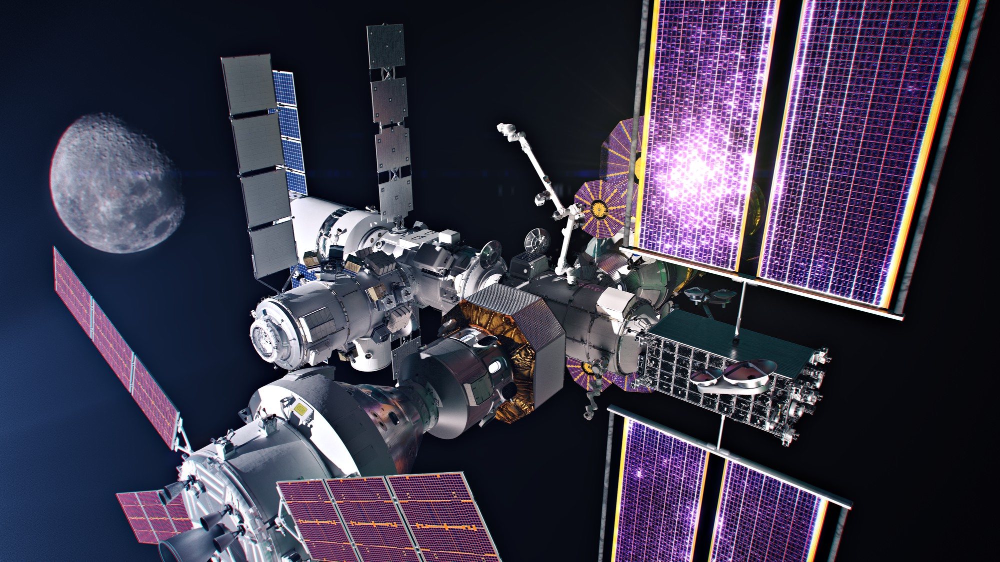月の周囲を飛行するGatewayのNASA公式コンセプト画像