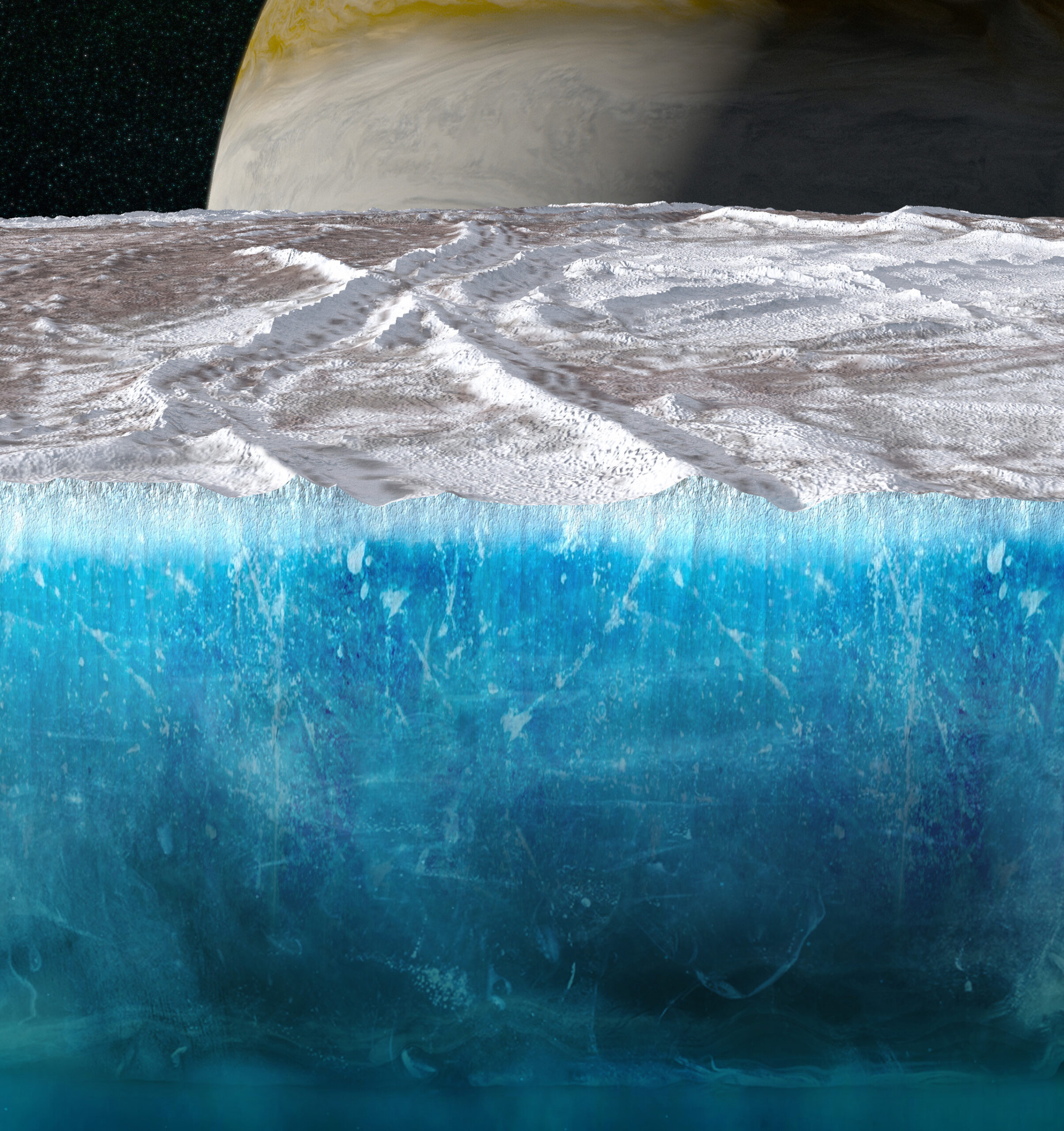 木星の衛星エウロパの氷殻と地下海を示した断面想像図