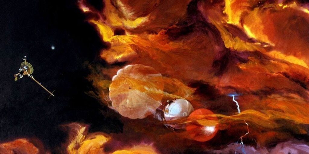 ガリレオ大気突入プローブが木星の大気へ降下する様子を描いたNASAの想像図