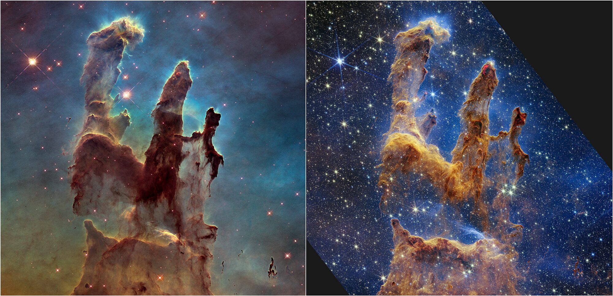 ハッブルの可視光画像とJWSTの近赤外線画像で比較したわし星雲の創造の柱