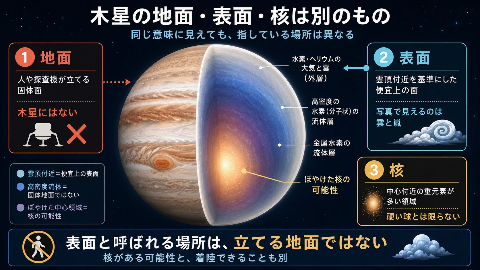 木星の地面、表面、核の意味の違いを内部構造とともに示した図解