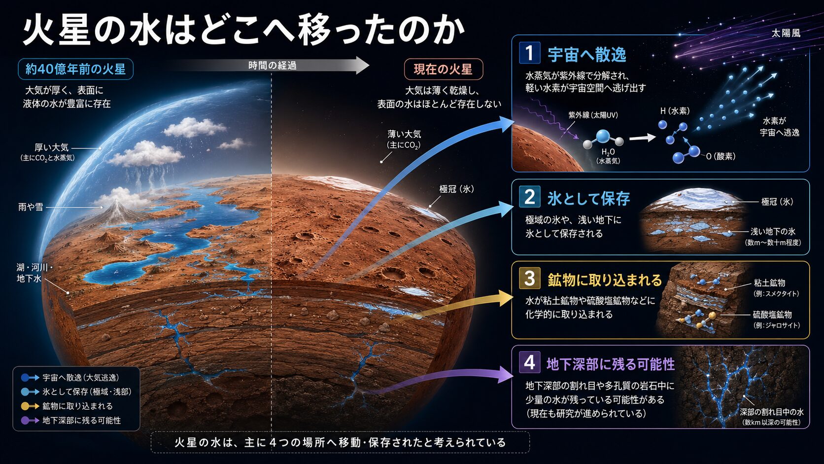 火星の水が宇宙、極冠と地下氷、鉱物、地下深部へ移った過程を示す図