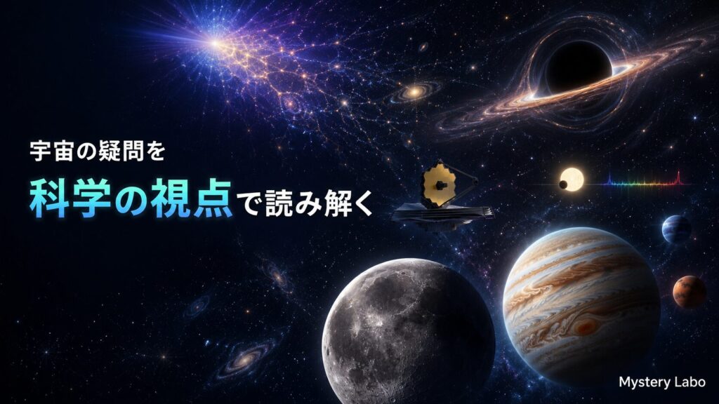 宇宙の始まり、ブラックホール、月や惑星、宇宙望遠鏡を描いたミステリーラボのトップページ画像